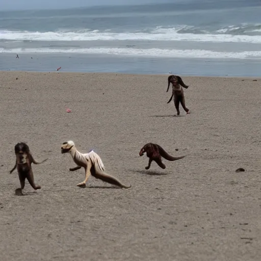 Prompt: velociraptors chasing people on the beach in california