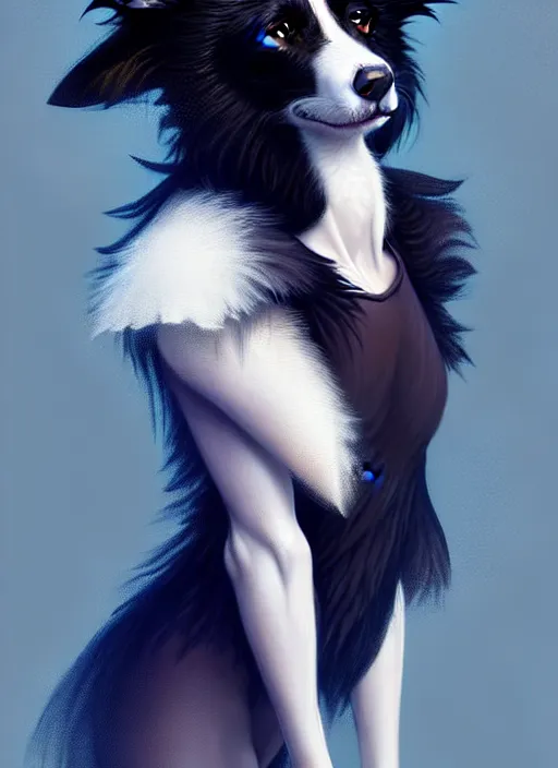 Image similar to full body digital painting of a cute male anthropomorphic border collie fursona wearing a mesh shirt, furaffinity, intricate, elegant, beautiful, fantasy, highly detailed, trending on artstation, art by charlie bowater and henry asencio and and ross tran