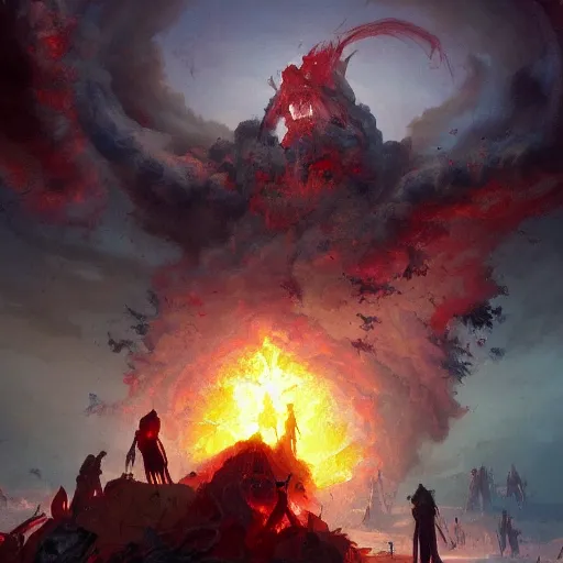 Image similar to a colorful depiction of god laying waste to hell, greg rutkowski