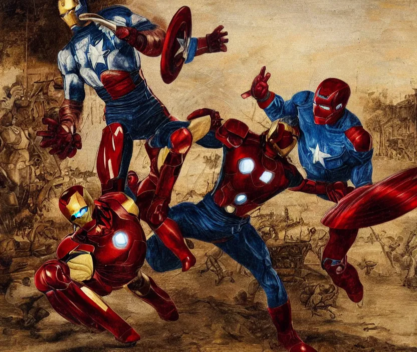 Prompt: oil painting of a fight between Iron man and captain America by Leonardo da Vinci