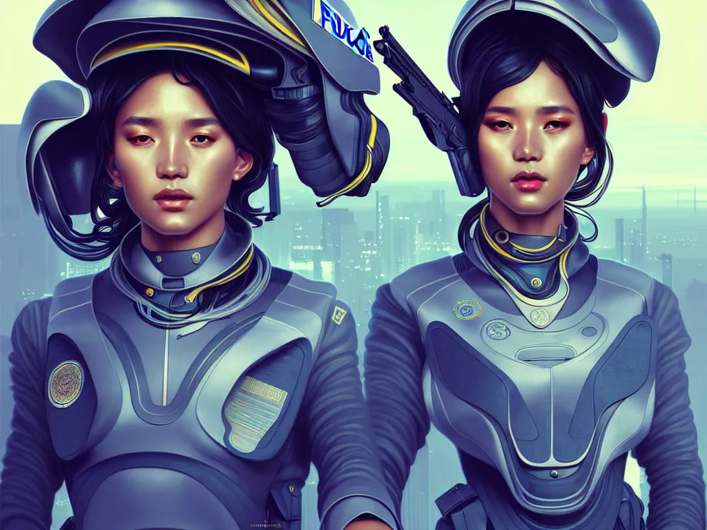 Prompt: portrait futuristic south africa police uniform female, at future neon light rooftop, ssci - fi and fantasy, intricate and very very beautiful and elegant, highly detailed, digital painting, artstation, concept art, smooth and sharp focus, illustration, art by tan zi and ayanamikodon and alphonse mucha and wlop