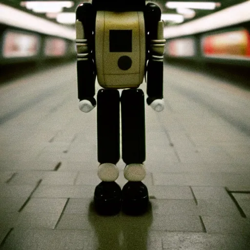 Image similar to fujifilm superia photo of uncanny valley tiny robot, in the empty london underground, dirty, grainy, liminal