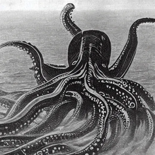 Image similar to old black and white photo, 1 9 1 3, depicting dieselpunk giant octopus attacking new york, historical record, tentacles around