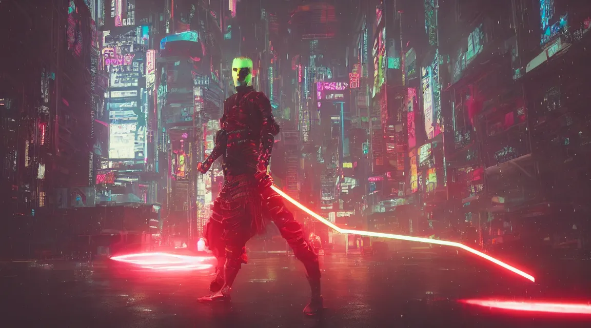 Prompt: cyberpunk samurai, wearing fluorescent clothing, glowing katana, rain, octane render, unreal engine