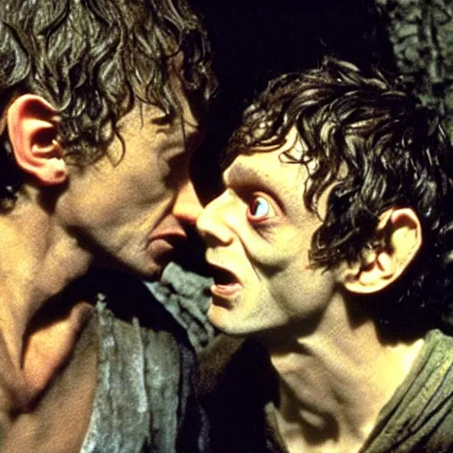 Image similar to gollum kissing frodo in lord of the rings by peter jackson, still, very photorealistic