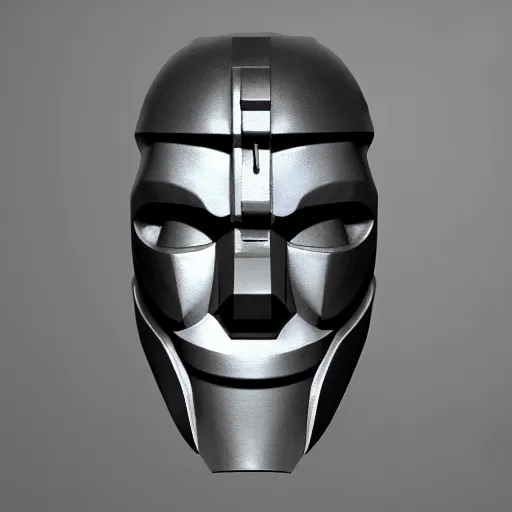 Image similar to MF DOOM mask, highly detailed photo realistic render, shadows, sculpture