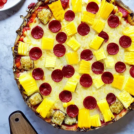 Image similar to a giant slice of pineapple on a pan, covered in pizza toppings, pepperoni, sausages and cheese