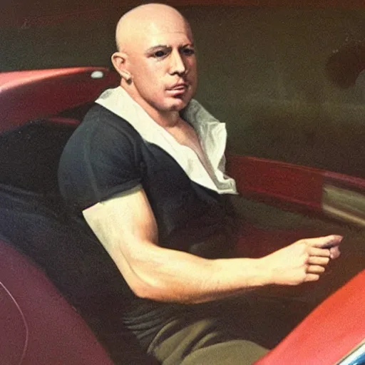 Image similar to coloured photograph of a muscled young white bald guy with broad shoulders, black shirt and a large chest driving a racing red mustang down a british road, high detail