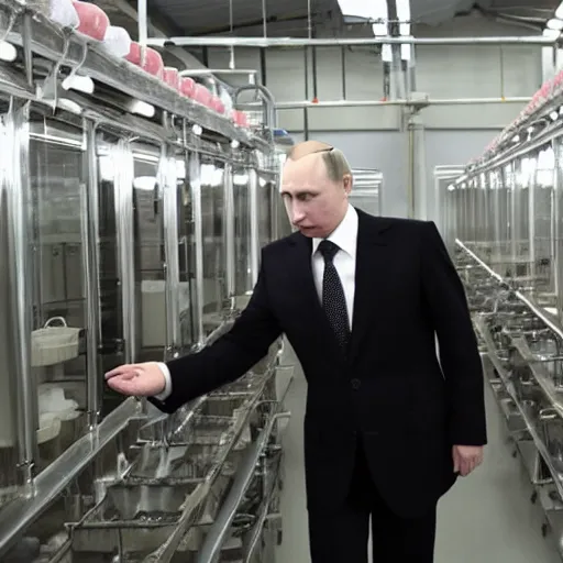 Prompt: vladimir putin inspecting the quality of soap in a soap factory