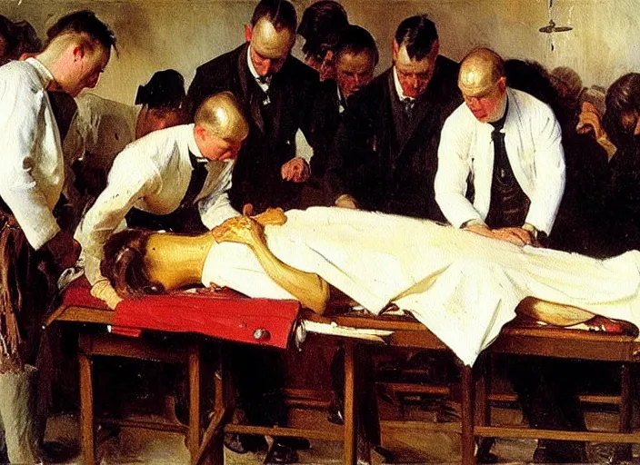 Image similar to anders zorn oil painting of instruction of autopsy surgery