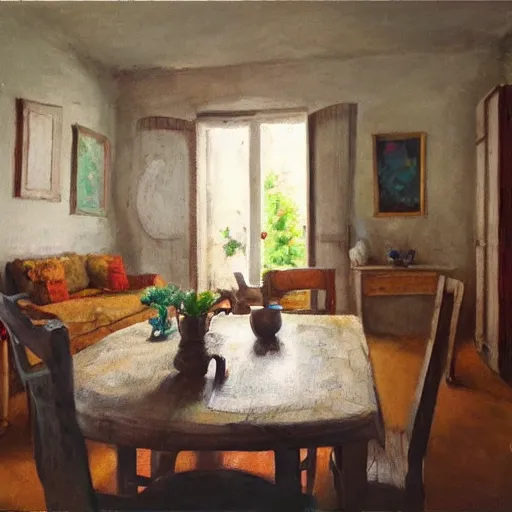 Prompt: Photo of very very very very filled provence interior room with cat sitting on the table in the center of room, photorealism,