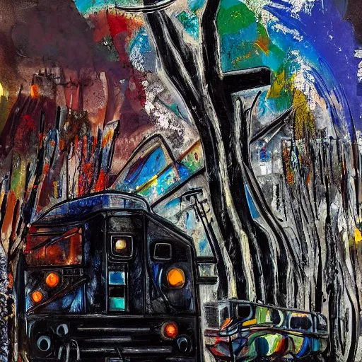 Image similar to subway arriving train decay, building stone big bear shape, expressive painting, colorful, detached dreams, Ultra-Wide Angle, Long double Exposure, black night sky wolves with burned trees, paint drips and palette knife, by Jackon Pollock