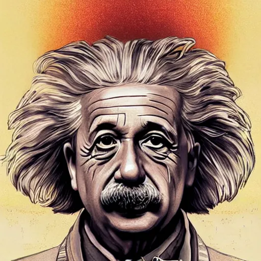 Image similar to [UHD Albert Einstein as a GTA character on the streets of futuristic laserpunk Dallas, correct face, intricate facial details, symmetrical face, elegant, graphic detail, digital painting, trending on artstation, concept art, tonalism, sharp focus, illustration, art by Akira Toriyama and Greg Rutkowski and Alphonse Mucha]