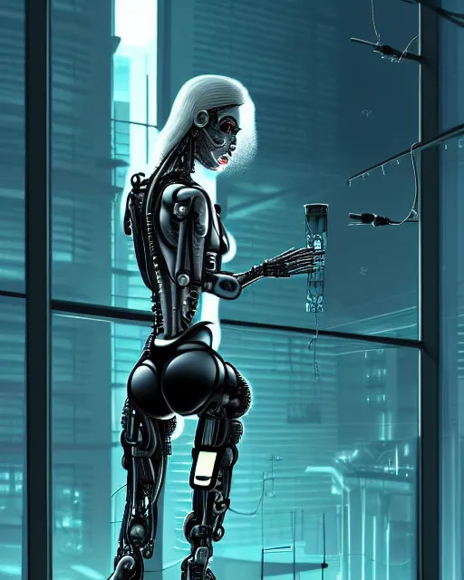 Image similar to a terminator cyborg lady with borg implants, and is hanging from cables and wires off the ceiling of a lab. her bottom half is missing with cables hanging out. she is taking a sip from a cup of coffee. tiny green led lights in her cybernetics. sophisticated lab in the background, with dystopian city visible through the window. very detailed 8 k. horror cyberpunk style.