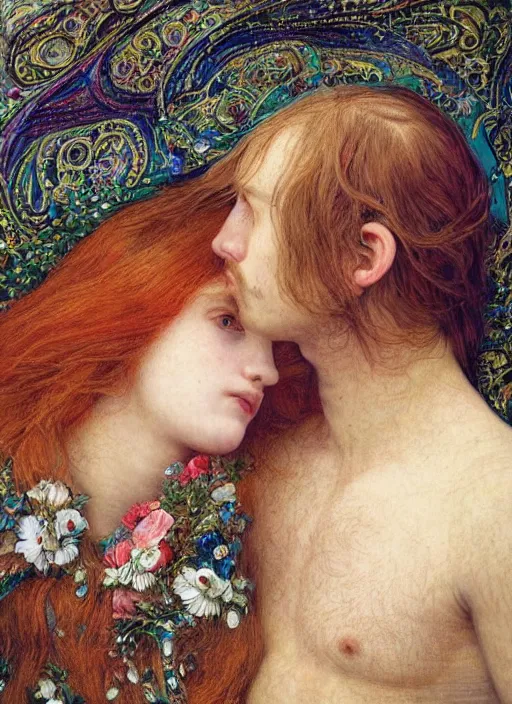 Image similar to detailed colourful masterpiece of intricate preraphaelite art novueau photography couple portrait sat down extreme closeup, love, inside an underwater train, detailed realistic expressions, wearing unusual clothes, by ford madox brown, ultra wide angle