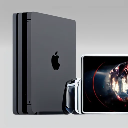 Prompt: if apple designed a game console, product photo, high octane render, single product