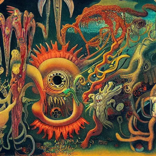 Image similar to whimsical monsters repressed in the depths of the unconcscious, surreal oil painting by Ronny Khalil and Kandinsky, drawn by Ernst Haeckel, as an offering to Zeus