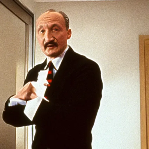 Prompt: film still, Martin Heidegger in American Psycho suits