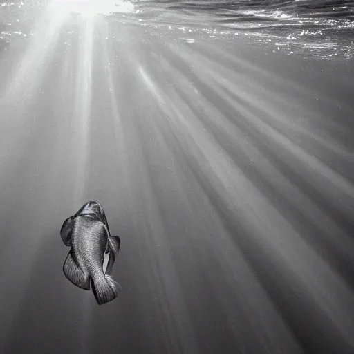 Prompt: photograph of a fish with human arms, under water, sunbeams