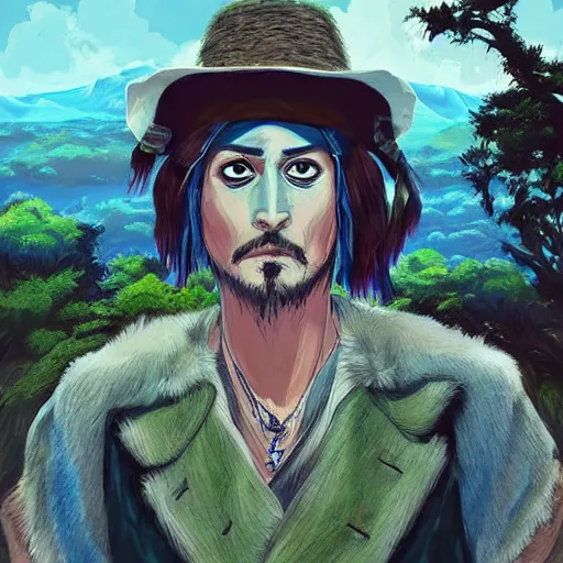 Image similar to “John Depp, portrait!!! Mononoke-hime style, cartoon, blue sky with white clouds green hills and mountains on the background, fantasy, photorealistic, concept Art, ultra detailed portrait, 4k resolution”