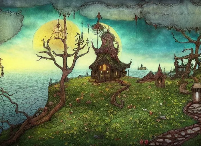 Image similar to a fantasy landscape with houses around a big lake, lowbrow in the style of alexander jansson and john bauer,