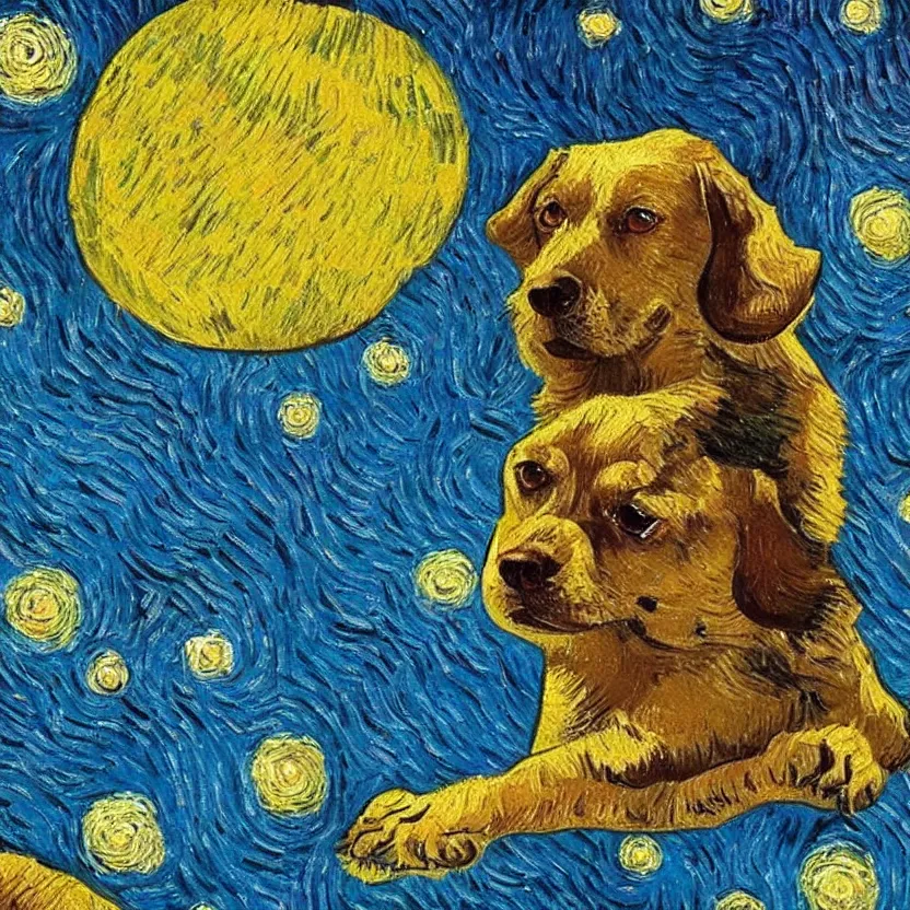 Prompt: An oil painting of a dog in the style of Starry Night; oil painting by Vincent van Gogh