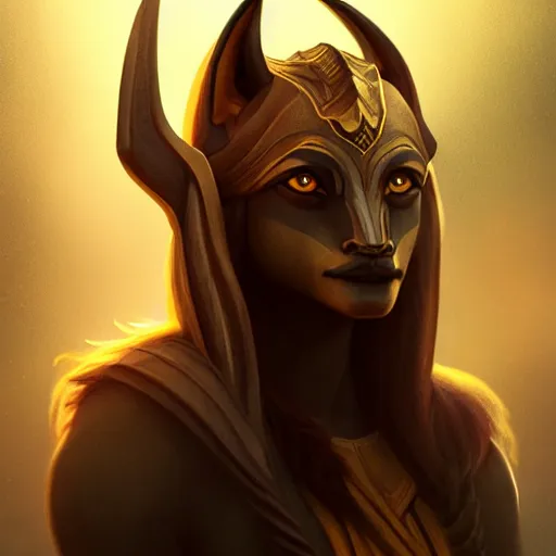 Image similar to Beautiful aesthetically pleasing female Anubis warrior portrait, face centered portrait, Confident, fog, rain, volumetric lighting, beautiful, golden hour, sharp focus, ultra detailed, conceptartworld by Leesha Hannigan, Ross Tran, Thierry Doizon, Kai Carpenter, Ignacio Fernández Ríos