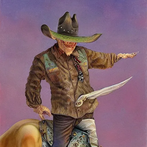 Prompt: dinosaur as a cowboy, artwork by Daniel Merriam,