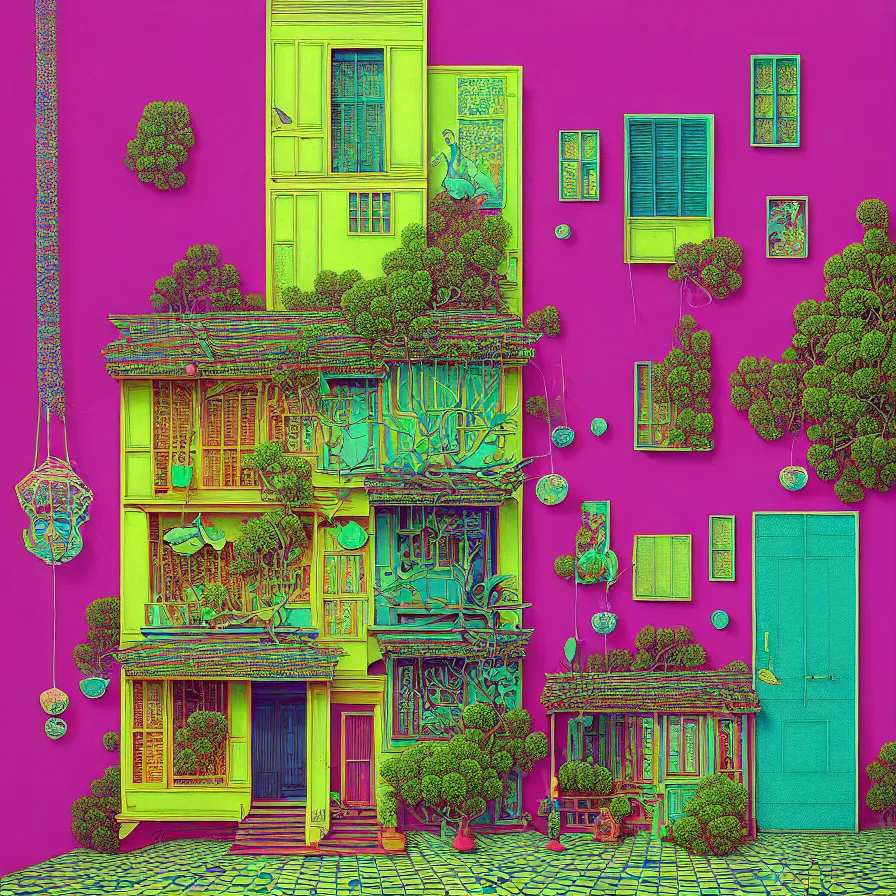 Image similar to surreal glimpse into other universe, peranakan house, summer morning, very coherent and colorful high contrast, art by!!!! gediminas pranckevicius!!!!, geof darrow, floralpunk screen printing woodblock, dark shadows, hard lighting, stipple brush technique,