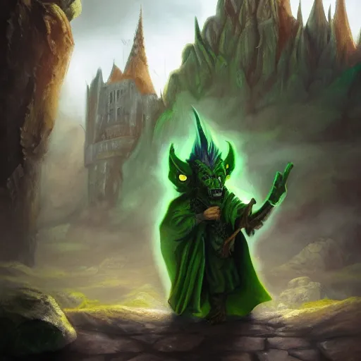 Image similar to goblin wizard, oil painting, dramatic, robed warrior, green orc with horns, castle in background, stone brick background, ultra realistic, artstation award, fantasy, concept art, powerful pose