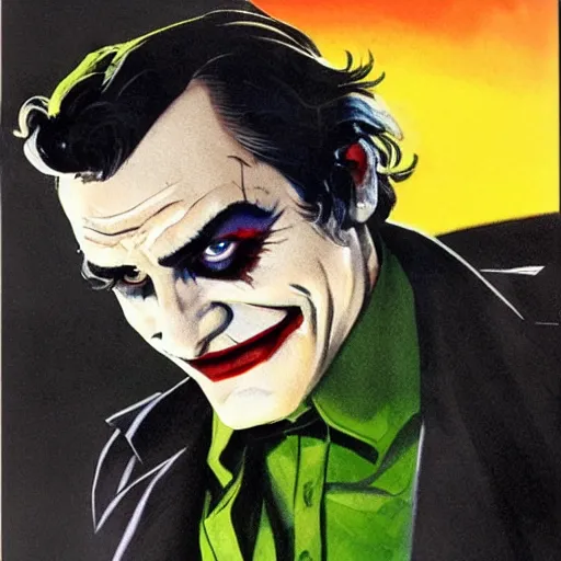 Prompt: photorealistic picture, comic cover by bob peak and alex ross about joaquin phoenix joker, gouache and wash paints, fine details, fine intricate, fine facial proportionate, fine body proportionate, smooth sharp focus, sharp focus