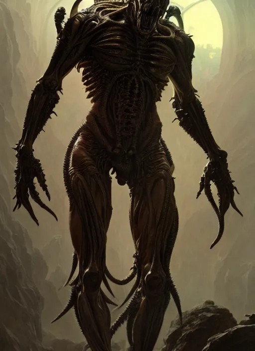 Image similar to ultra realistic, male human alien predator, gothic, fantasy, flesh, bone, body horror, intricate details, eerie, highly detailed, octane render, 8 k, art by artgerm and alphonse mucha and greg rutkowski