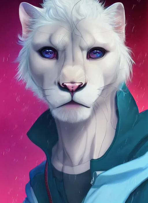 Image similar to award winning beautiful portrait commission of a male furry anthro albino mountain lion fursona with a tail and a cute beautiful attractive detailed furry face wearing stylish cyberpunk clothes in a cyberpunk city at night while it rains. Blue and pink. Character design by charlie bowater, ross tran, artgerm, and makoto shinkai, detailed, inked, western comic book art