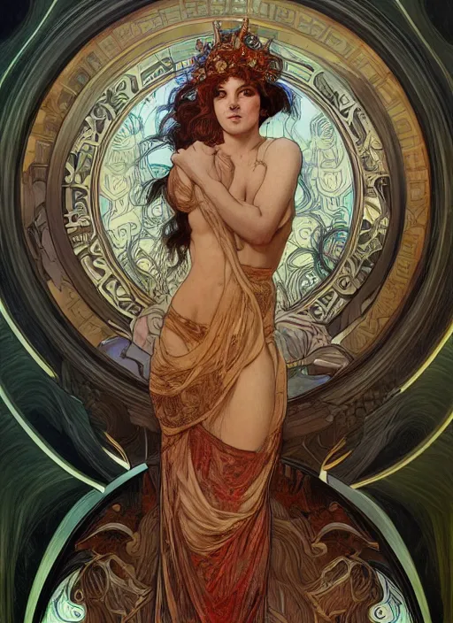 Image similar to Jennifer Lowrence as God of Strangeness, brutal, epic, intricate, elegant, highly detailed, digital painting, 4k, HDR, concept art, smooth, sharp focus, illustration, art by alphonse mucha,artgerm, H R Giger