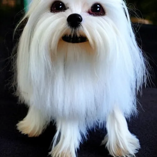 Portrait of Daisy a Maltese dog dressed as a super-hero