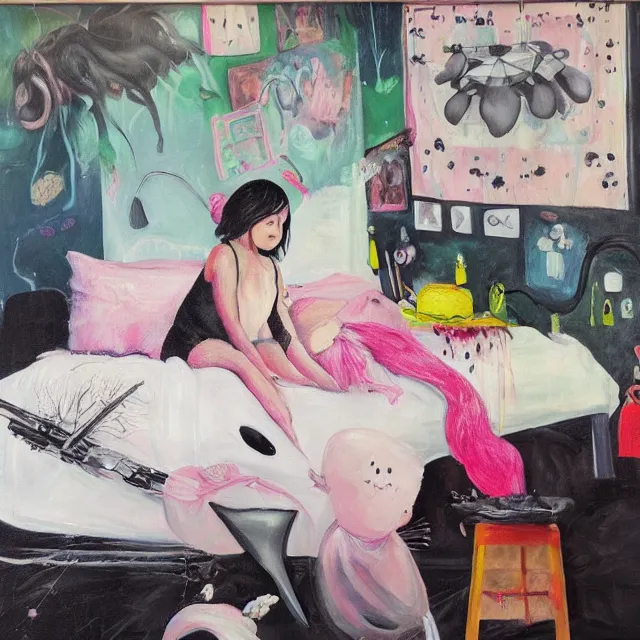 Image similar to a portrait in a female artist's bedroom, black walls, emo girl riding an inflatable pig, sheet music, berries, surgical supplies, pancakes, black flowers, sensual, octopus, neo - expressionism, surrealism, acrylic and spray paint and oilstick on canvas