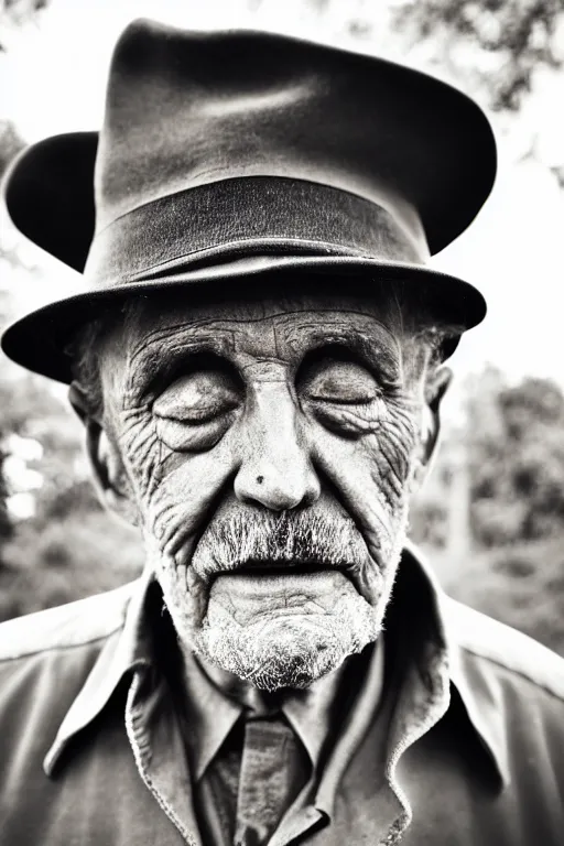 Image similar to sepia close up photograph of an old man with a worn face and trilby smoking a cigarette staring sadly into the camera, Nikon 50mm f/1.8G, award winning, detailed, 4K