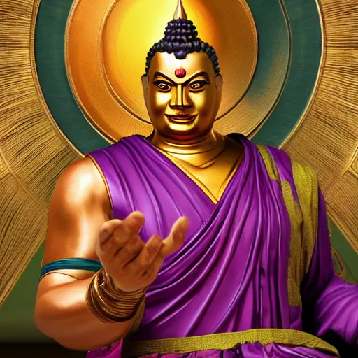 Image similar to Gautama Buddha as Thanos, gta 5 cover style, highly detailed, digital painting, Trending on artstation , HD quality, by Glenn Rane and Samwise Didier, dramatic light, octane