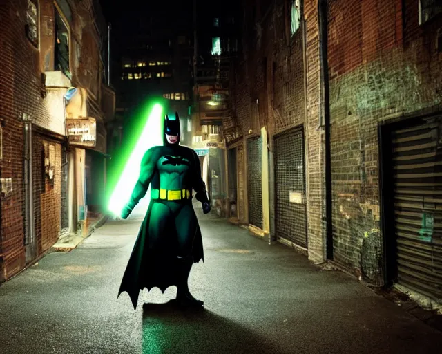 Image similar to a photograph of Batman holding a green lightsaber in a dark city alleyway at nighttime