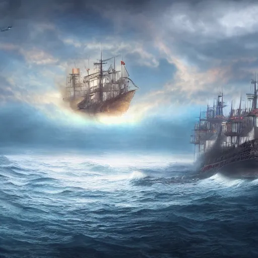 Image similar to fantasy fireship crossing an ocean, high detail, fantasy art, concept art, 4 k, ultra detail, computer art