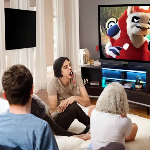 Prompt: a fursuiters in the living room having a heated debate about what show to play on Netflix