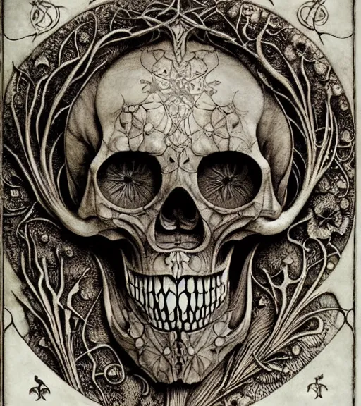 Image similar to memento mori by arthur rackham, art forms of nature by ernst haeckel, exquisitely detailed, art nouveau, gothic, ornately carved beautiful skull dominant, intricately carved antique bone, art nouveau botanicals, ornamental bone carvings, art forms of nature by ernst haeckel, horizontal symmetry, arthur rackham, ernst haeckel, symbolist, visionary