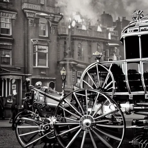 Prompt: close up of vintage steam car in victorian london, cinematographic shot,