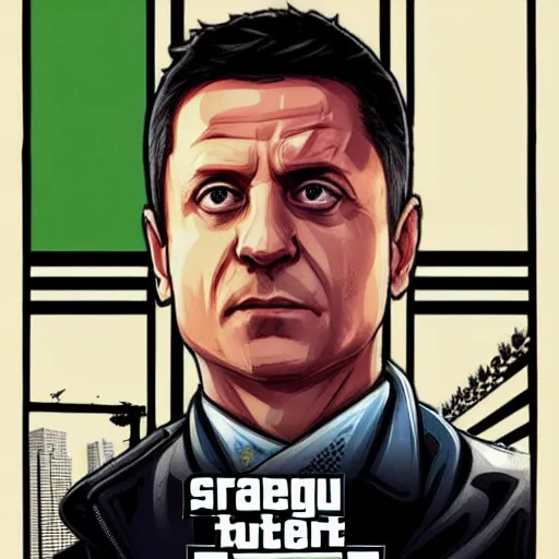 Image similar to “President Zelensky in GTA V, cover art by Stephen Bliss, Boxart, loadscreen”