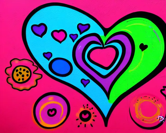 Image similar to graffiti, heart made with circles and lines, vivid colors, highly detailed, simple, no jagged lines, smooth, artstation, artwork by d * face