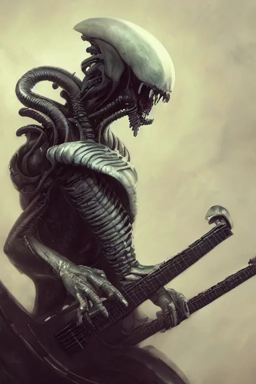 Prompt: a xenomorph with a long grey beard playing the guitar, black clothing, 3 d render, hyper - realistic detailed portrait, ruan jia, wlop. scifi, fantasy, magic the gathering, hyper detailed, octane render, concept art, peter mohrbacher, hr geiger