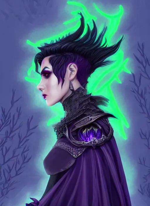 Image similar to side portrait dark witch, adventurer outfit large cloak, fantasy forest landscape, dragon scales, fantasy magic, undercut hairstyle, short purple black fade hair!!!!!!, dark light night, intricate, elegant, sharp focus, illustration, highly detailed!!!!!!!, digital painting, concept art, green neon smoke, matte painting, art by WLOP and Artgerm and Greg Rutkowski and Alphonse Mucha, masterpiece