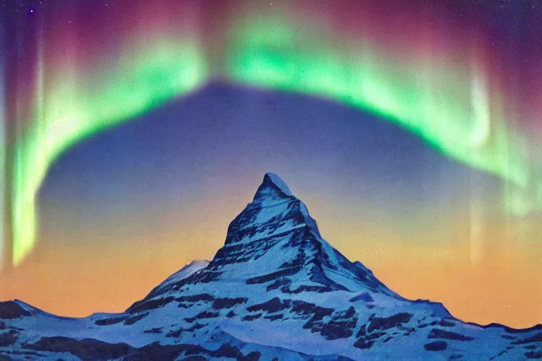 Prompt: pastel color intricate illustration of northern lights aurora illuminating the matterhorn mountain peak in the center, ansel adams