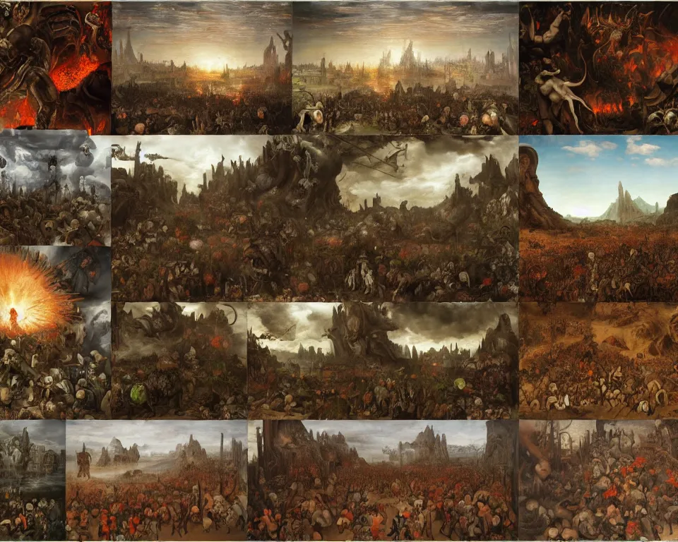 Image similar to doom eternal by jakub rozalski, zoomed garden of eternal delights hell by hieronymus bosh, zoom on triumph of death by pieter brueghel, doom eternal by hieronymus bosh
