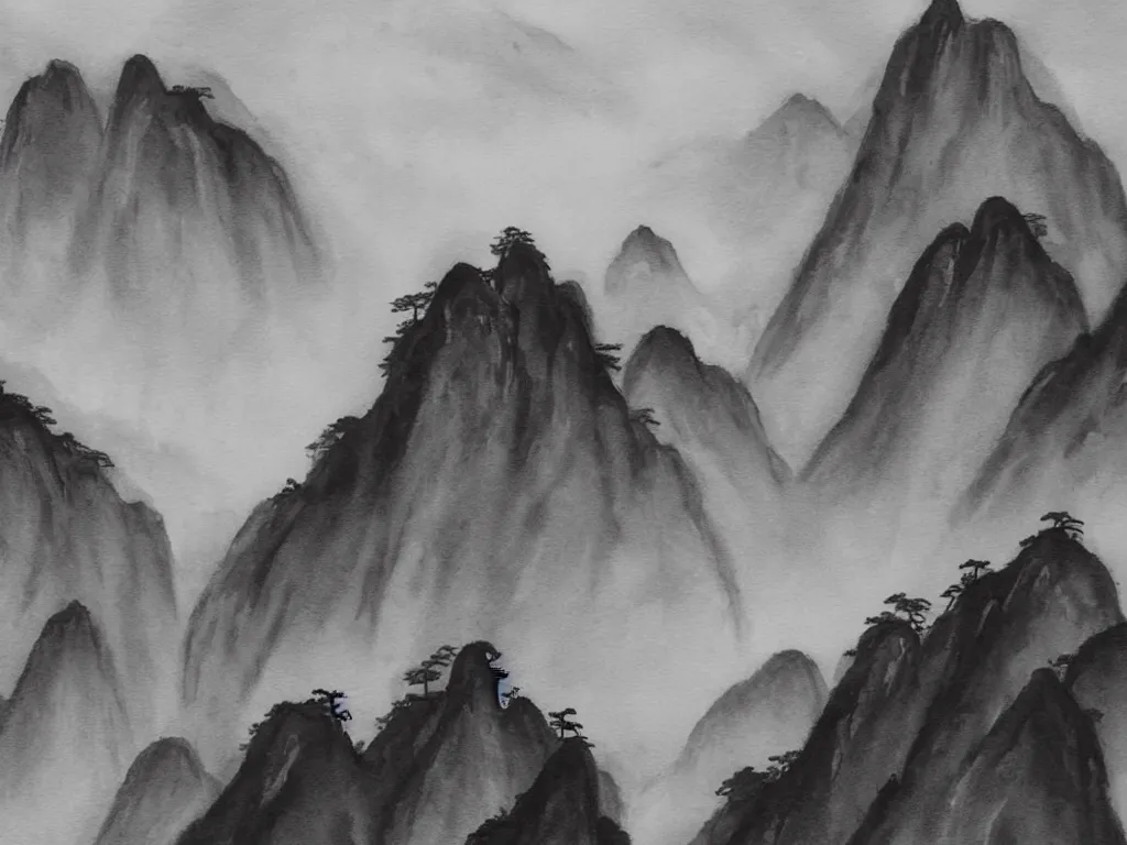 Image similar to a beautiful black watercolor painting of the mountainous landscape of huangshan with buddisht and taoist temples on hilltops on a rainy day